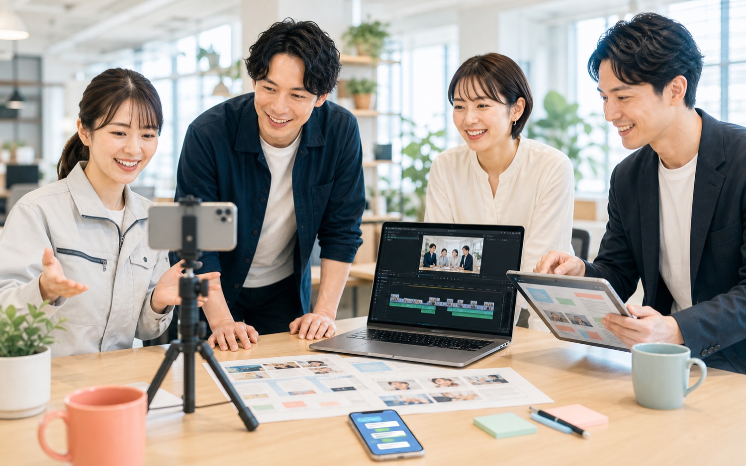 社員が採用動画を撮影し、SNS運用担当者が企画と動画編集を行う様子