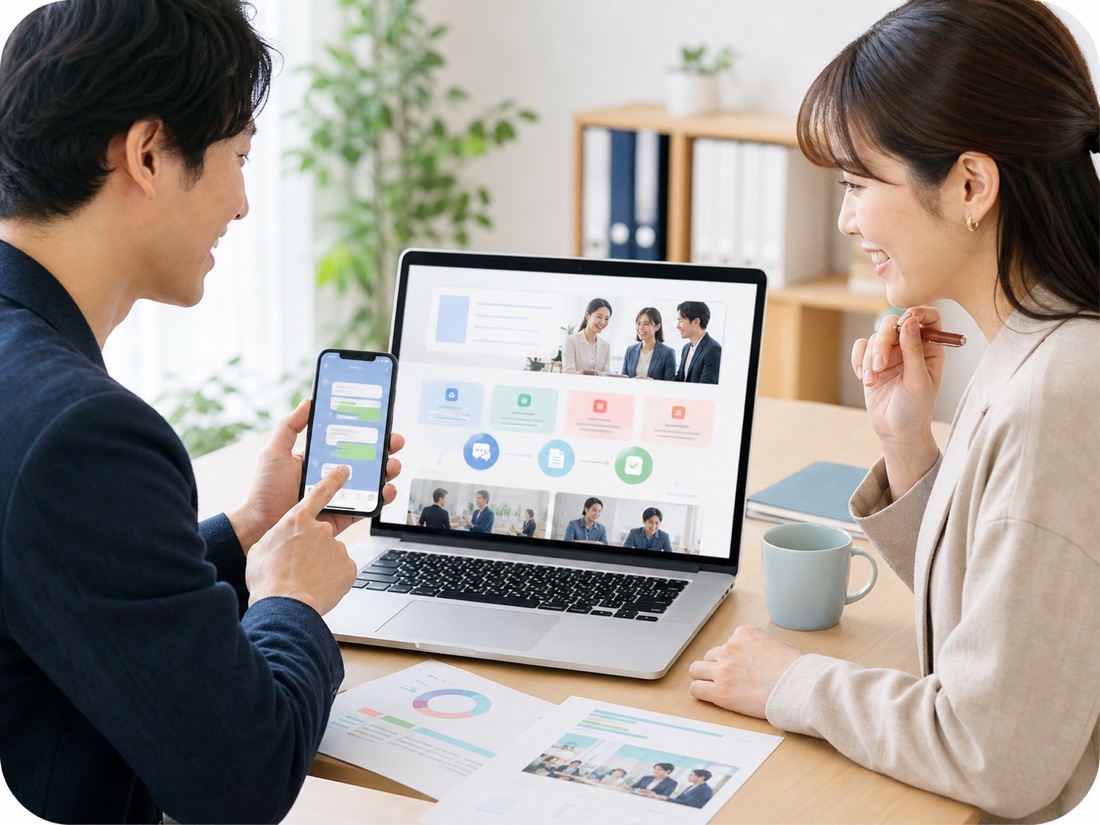 採用LPと公式LINEの応募導線をパソコンとスマートフォンで確認する様子