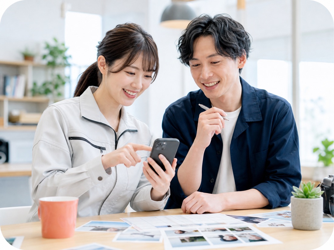 社員がスマートフォンでInstagramの採用投稿を確認する様子