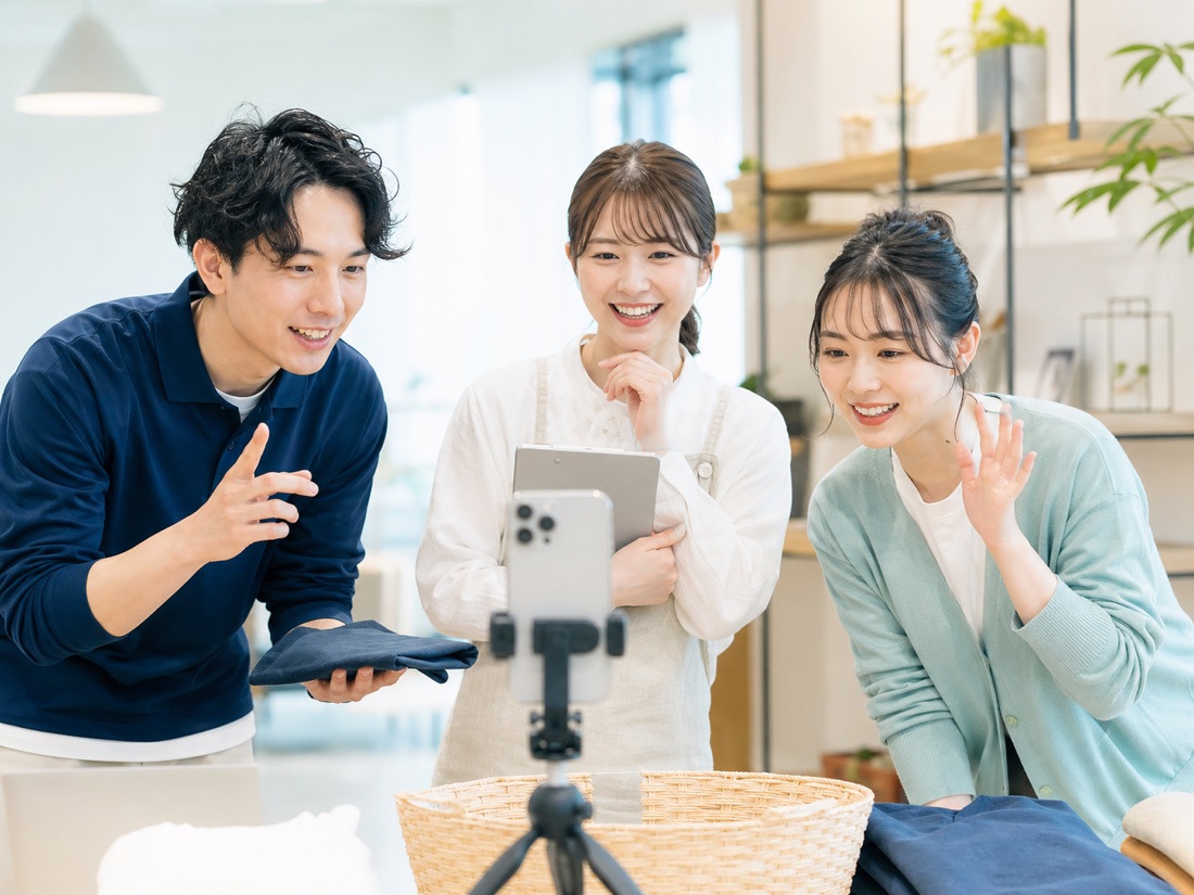 若い社員がスマートフォンで短尺の採用動画を撮影する様子
