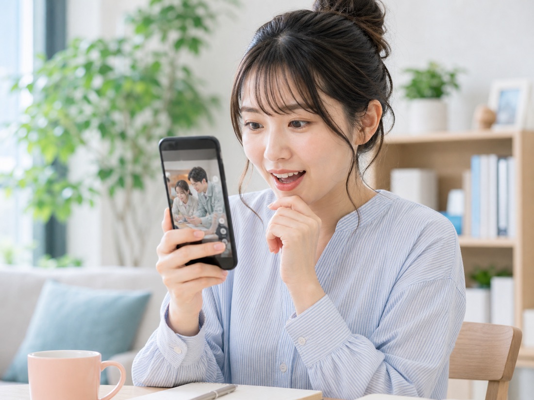 スマートフォンで会社紹介の短い動画を見る様子
