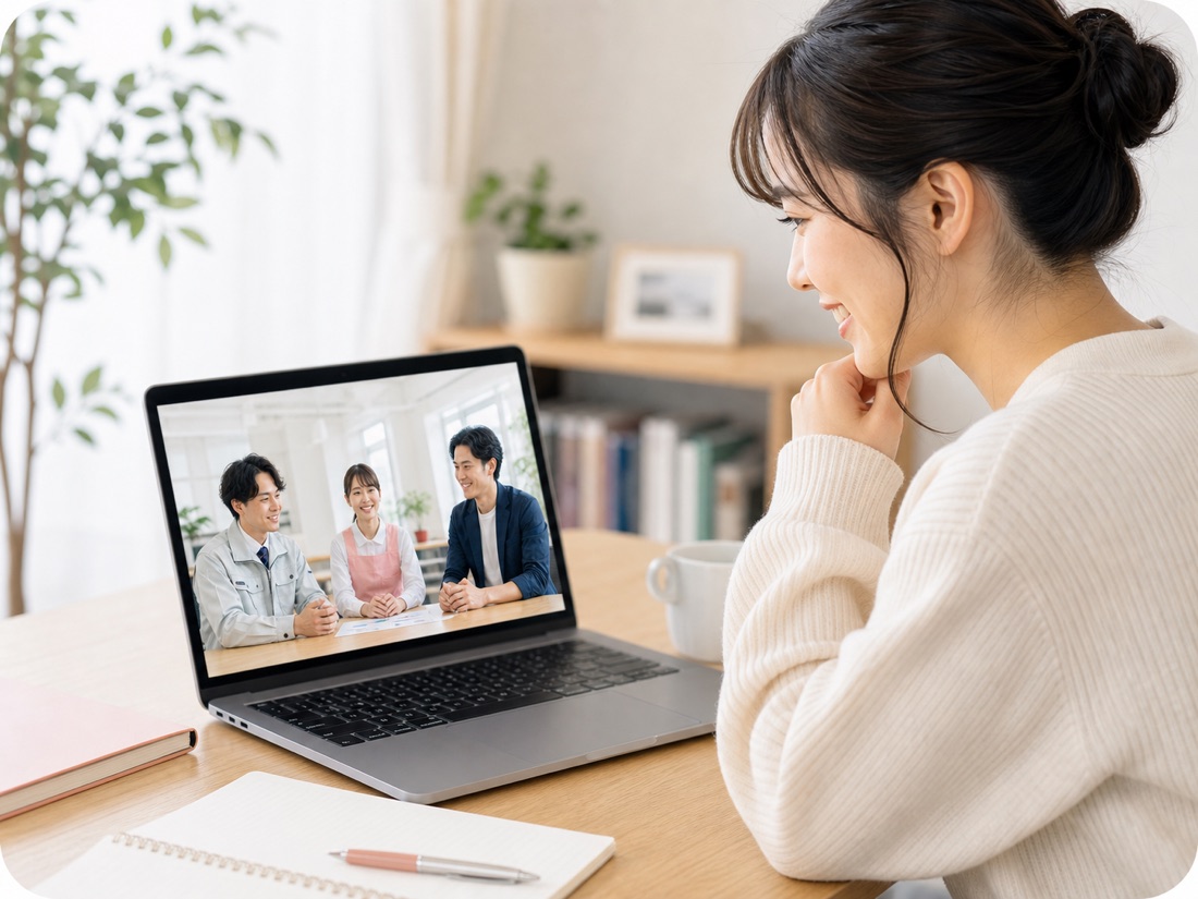パソコンで社員インタビュー動画を見る様子